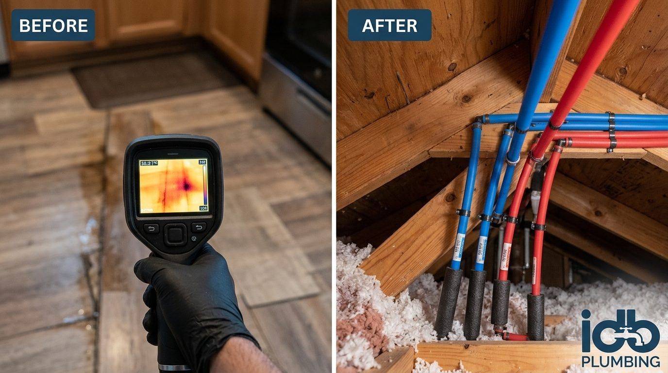 Before and after: Slab Leak Detection & Reroute in Kent, WA